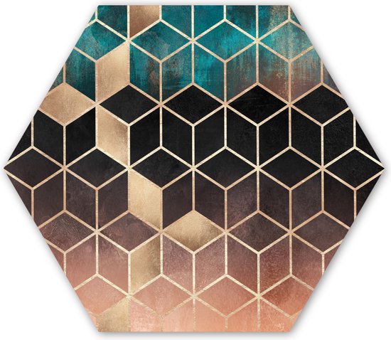 Hexagon wanddecoratie - Kunststof Wanddecoratie - Hexagon Schilderij - Abstract - Kubus - Goud - Patronen - Luxe - 120x103 cm