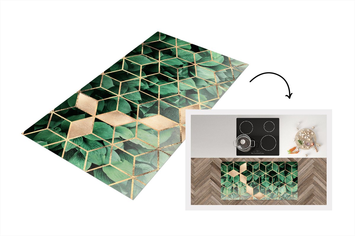 KitchenYeah Keukenloper - Loper keuken - Bladeren - Goud - Patronen - Kubus - Luxe - 120x60 cm - Keukenloper vinyl Multicolor