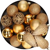 Decoris Kerstballen - 16 ST - 6 cm - incl. 6x st dennenappel ornamenten - goud kunststof