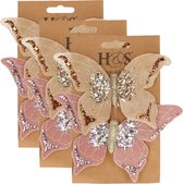 6x stuks kunststof decoratie vlinders op clip roze en beige 10 x 15 cm - vlindertjes versiering - Kerstboomversiering