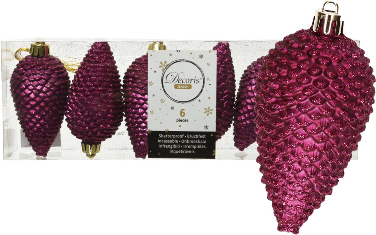 Decoris dennenappel kersthangers 6x st - aubergine roze-8 cm kunststof Donkerroze