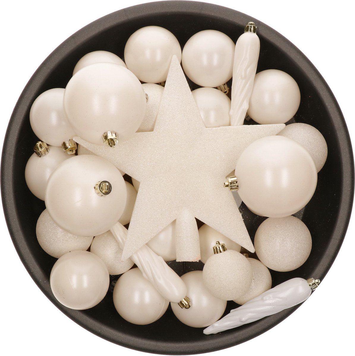 Kunststof kerstballen set in wolwit met piek - 5-6-8 cm - Decoris.