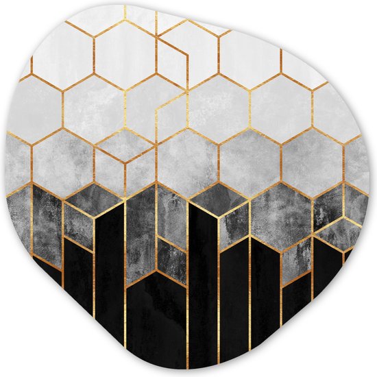 Organische Wanddecoratie - Kunststof Muurdecoratie- Organisch Schilderij - Goud - Hexagon - Chic - Patronen - Luxe- 40x40 cm - Asymmetrische spiegel vorm op kunststof