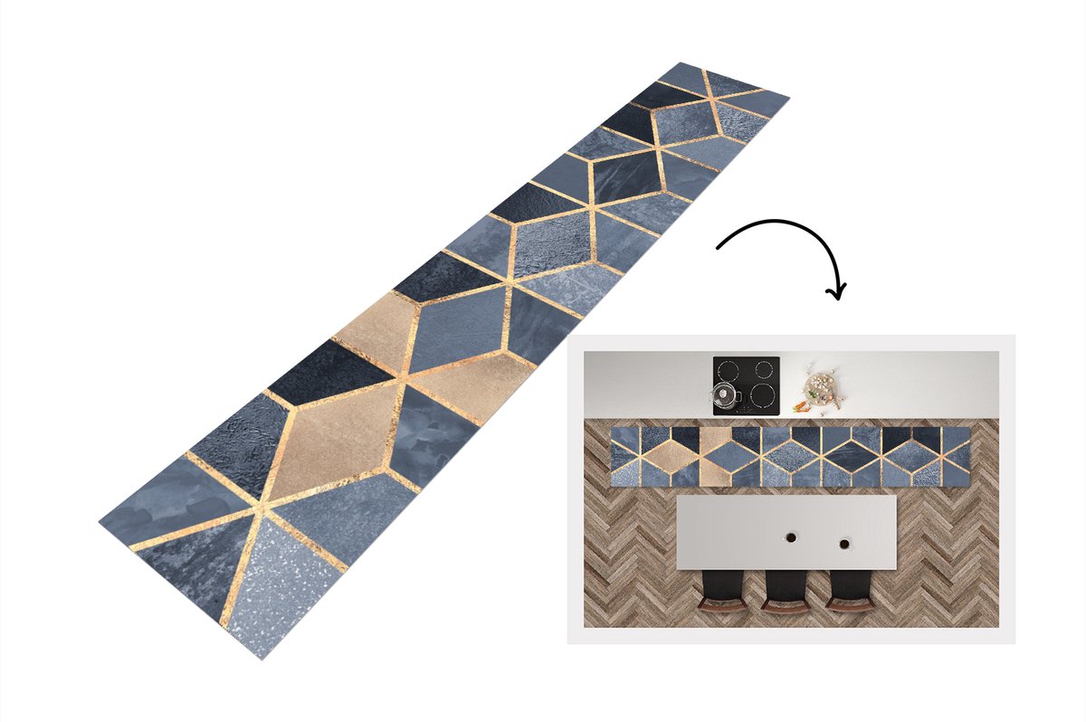 KitchenYeah Keukenloper - Loper keuken - Kubus - Goud - Luxe - Patronen - 360x60 cm - Keukenloper vinyl Multicolor