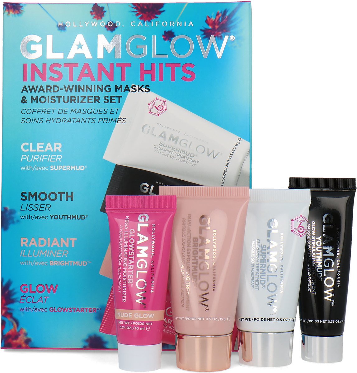 GlamGlow Instant Hits Masks & Moisturizer Set - Supermud-Youthmud-Brughtmud-Glowstarter