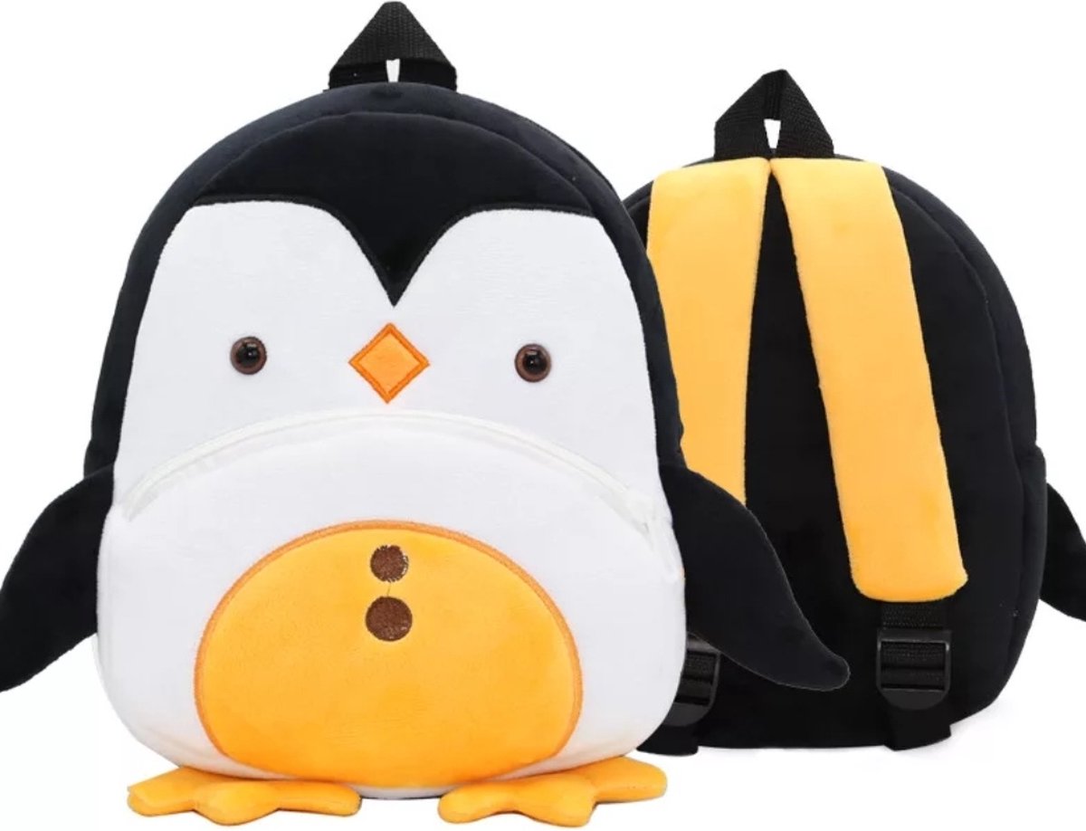 Rugzak - Schooltas - Kinderen - Pinguïn – Pluche – Zwart Wit geel - Peuters - Kleuters - Jongens - Meisjes