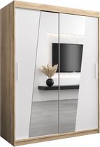 InspireMe - Kledingkast met 2 schuifdeuren, Modern-stijl, Een kledingkast met planken en een spiegel (BxHxD): 150x200x62 - THOR 150 Sonoma Eik + Wit Mat