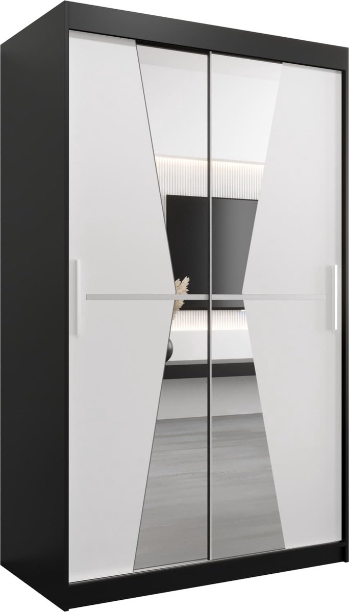 InspireME Kledingkast met 2 schuifdeuren, Modern-stijl, Een kledingkast met planken en een spiegel (BxHxD): 120x200x62 - TOTO 120 Zwart Mat + Wit Mat