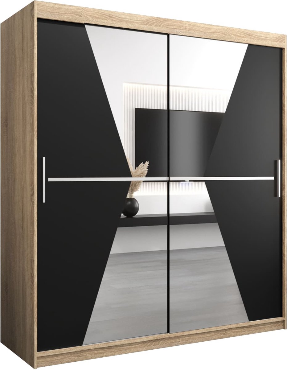 InspireME Kledingkast met 2 schuifdeuren, Modern-stijl, Een kledingkast met planken en een spiegel (BxHxD): 180x200x62 - TOTO 180 Sonoma Eik + Zwart Mat