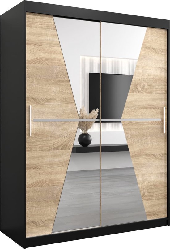 InspireMe - Kledingkast met 2 schuifdeuren, Modern-stijl, Een kledingkast met planken en een spiegel (BxHxD): 150x200x62 - TOTO 150 Zwart Mat + Sonoma Eik met 2 lades