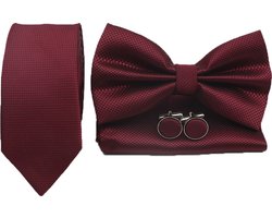 Sorprese Stropdas Set - Ruit - Bordeaux Rood Smal - inclusief strik pochet en manchetknopen - stropdassen voor heren - vlinderdas - Cadeau