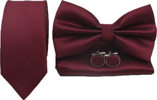 Sorprese Tie Set - Check - Bordeaux Red Narrow - comprenant une pochette à nœud et des boutons de manchette - cravates pour hommes - nœud papillon