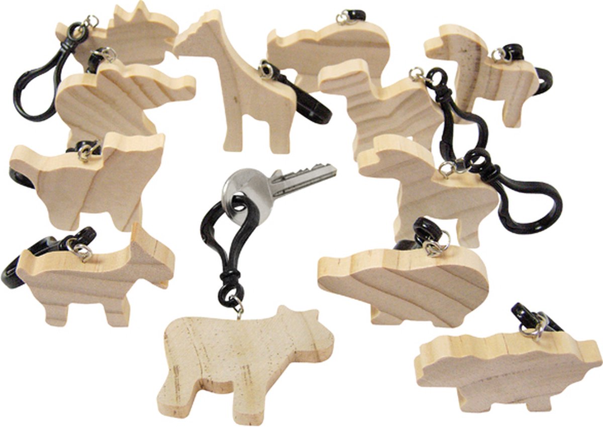 Eduplay houten dieren sleutelhangers set - 12 stuks - multicolor.