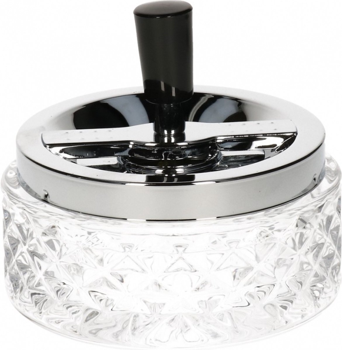 Goedkoopste Glazen draaiasbak/terrasasbak - dia 12 cm - Buiten asbakken - Transparant/zilver - Tafelaccessoires - Tuin artikelen