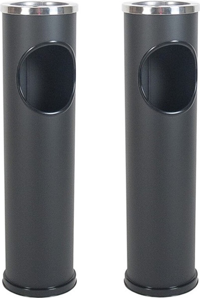 Staande hoge asbak - Set van 2x stuks - metaal - zwart/zilver - D14 x H56 cm - Terras asbakken - buiten/balkon