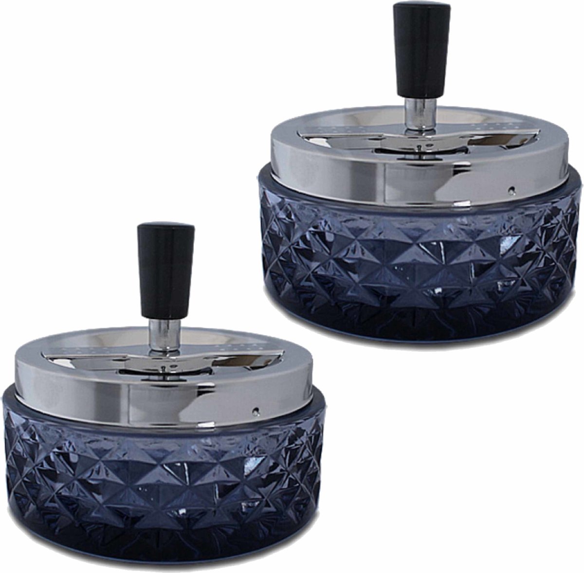 Draaiasbak - 2x - zwart - glas en chroom - 12 cm - drukasbak - - Terrasasbak/tafelasbak/draaiasbak/drukasbak asbak - Rokersbenodigdheden - Rookaccessoires