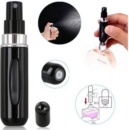 Navulbaar parfum flesje - Mini parfumflesje- Hurbulbaar parfumflesje- Hervulbare verstuiver - Zwart - Aluminium - Spray
