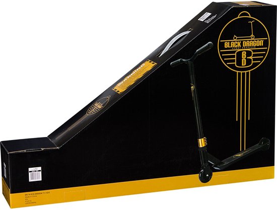 Zwarte doos met gele opdruk van een zwarte stuntstep en 'Black Dragon' logo.