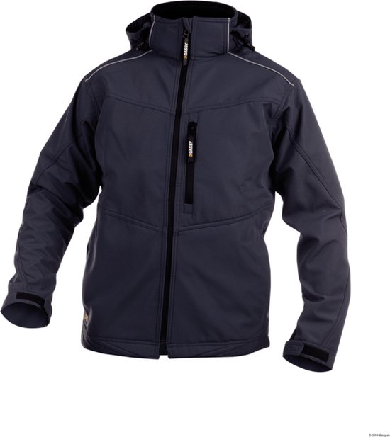 Grijze DASSY softshelljas met capuchon, ritssluiting en reflecterende accenten.