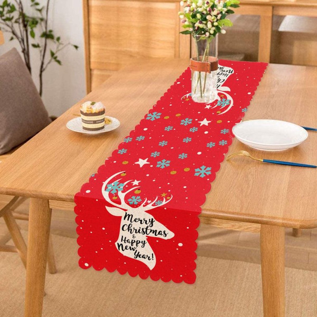 Velvet textiel tafelloper 45x260 - Kerst rendieren - Merry Christmas and Happy New Year - Kerst Decor - Runner - Tafelkleed