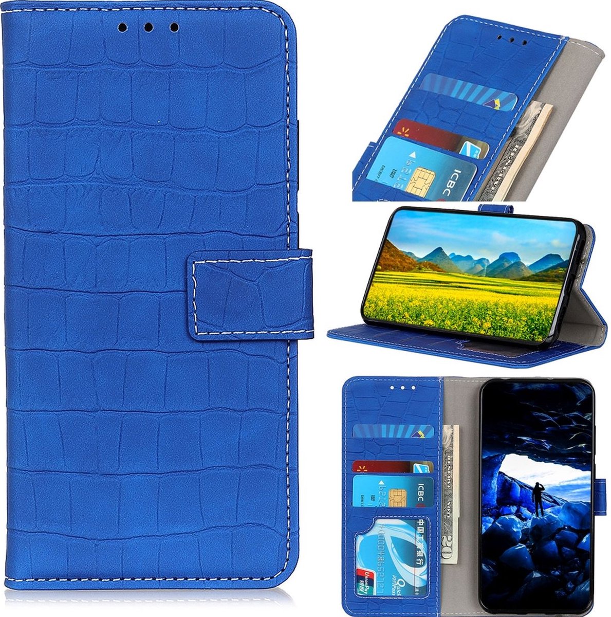 Mobigear Telefoonhoesje geschikt voor Motorola Moto E22 Hoesje | Mobigear Croco Bookcase Portemonnee | Pasjeshouder voor 3 Pasjes | Telefoonhoesje voor Pinpas / OV Kaart / Rijbewijs - Blauw