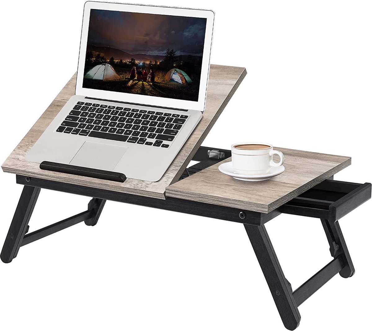 Povox - Laptoptafel, laptopstandaard, ontbijtblad, inklapbare poten, voor bed en bank, in hoogte verstelbaar, voor laptops tot 15,6 inch, 55 x 35 x 23 cm, grijs