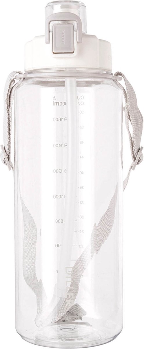 Diller waterfles met rietje - 2 liter - grote waterfles - Bottle - Motivatie waterfles met tijdmarkeringen - sportfles - wit transparant