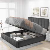 Hydraulisch tweepersoonsbed Gestoffeerd bed 140x200cm-Verstelbaar hoofdeinde-Metalen frame-lattenbodem-Linnen materiaal Modern bedframe met opbergruimte-Grijs (zonder matras)