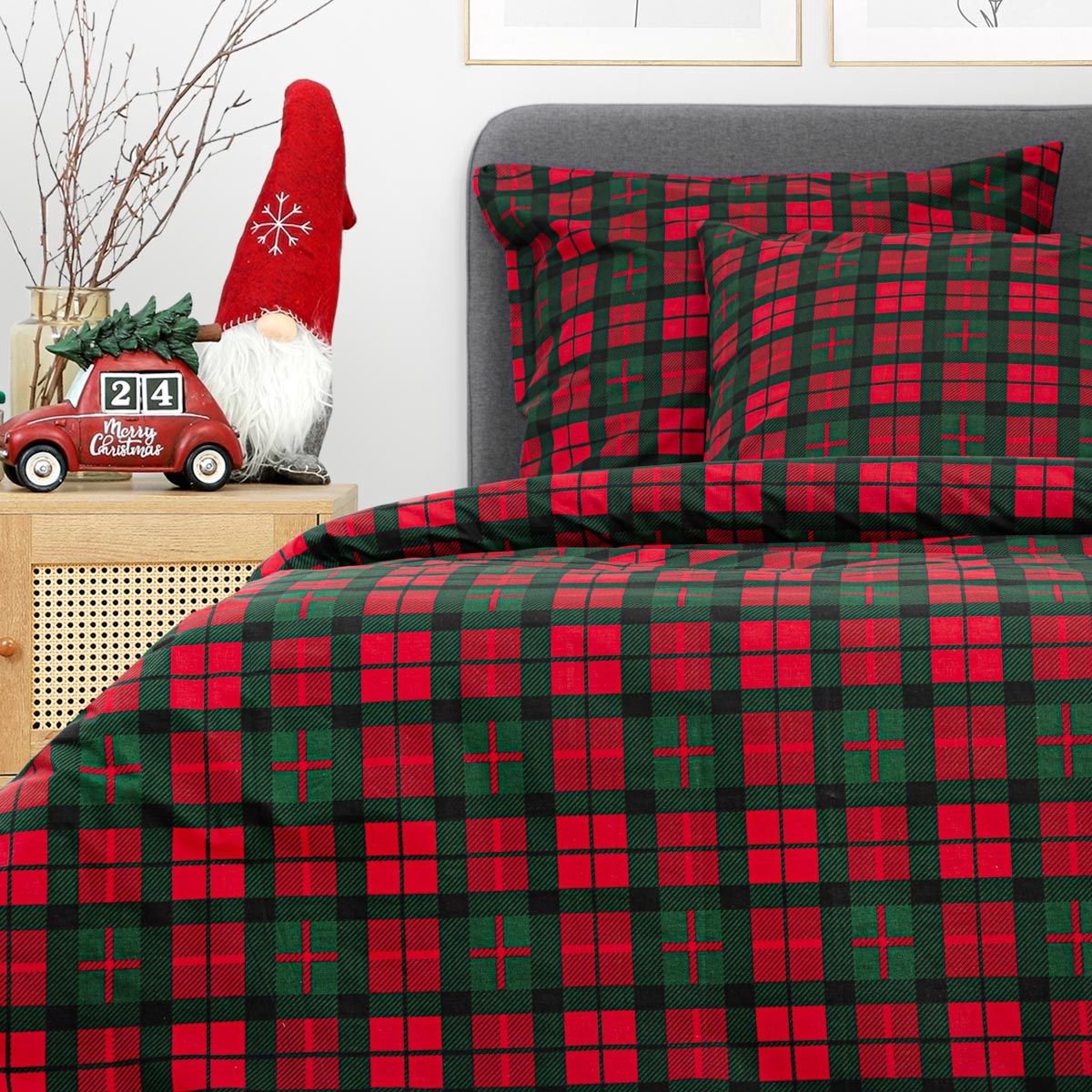 HOMLA TARTAN Bedovertrek rood-groen geblokt 200x220 cm
