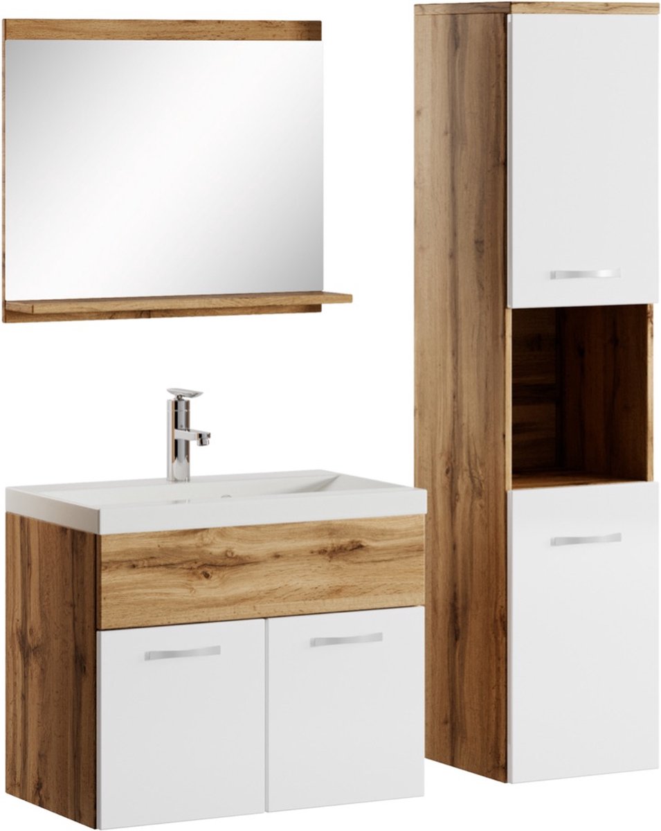 Badplaats Badkamermeubel Set Montreal 60 cm x 35 cm - Eiken met Wit - Badmeubel met spiegel en zijkast