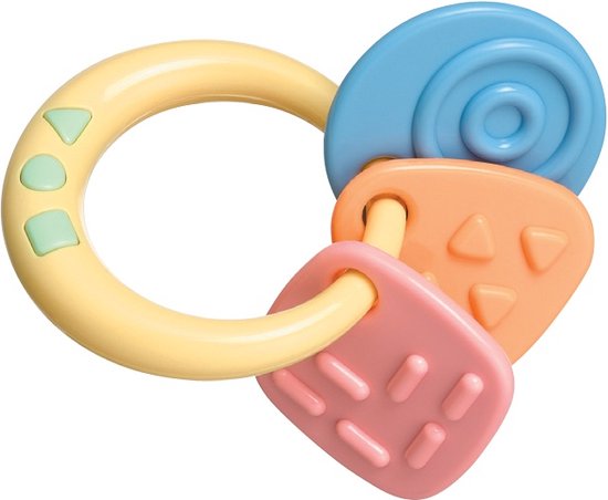 Bijtring en rammelaar met een gele ring en pastelkleurige hangers.