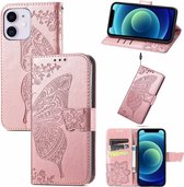 Smartphonica iPhone 12 Mini kunstleren hoesje met vlinder opdruk - Rosé Goud / Kunstleer / Book Case geschikt voor Apple iPhone 12 Mini