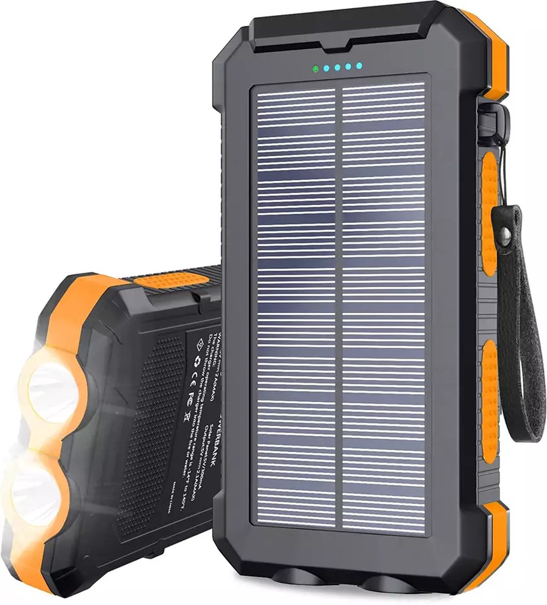 Solar Powerbank 30000mAh - Solar Charger - Waterdicht - iPhone & Samsung - Zonne-energie - Kompas - 2x USB - Micro USB + USB-C - Oranje