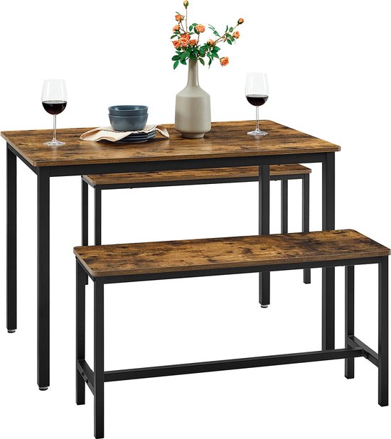 Signature Home Honfleur Eettafel - keukentafel set - met 2 banken - metalen frame - voor de keuken - woonkamer - eetkamer - industrieel design - vintage bruinzwart