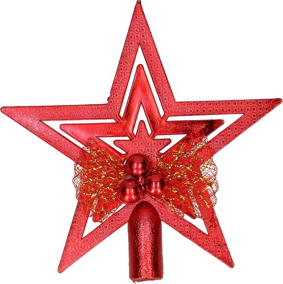 Rode kerstboomster piek met gouden glitter strik en drie rode balletjes.