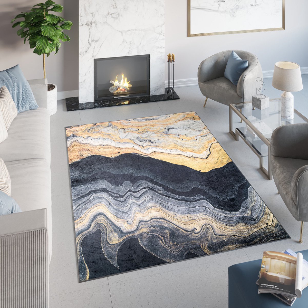 Tapiso Toscana Vloerkleed Grijs Gouden Agaat Antislip Tapijt Maat- 160x230