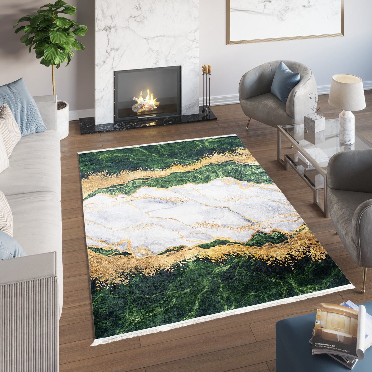 Tapiso Toscana Vloerkleed Kwastjes Goen Grijs Gouden Tapijt Maat- 160x230 Groen Grijs Gouden