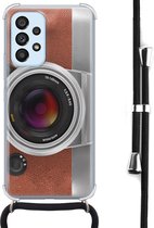 Coque Samsung Galaxy A53 avec cordon - Appareil photo Vintage - Coque en Siliconen - Antichoc - Cordon Zwart - Bandoulière - Coque arrière - Marron, Transparent
