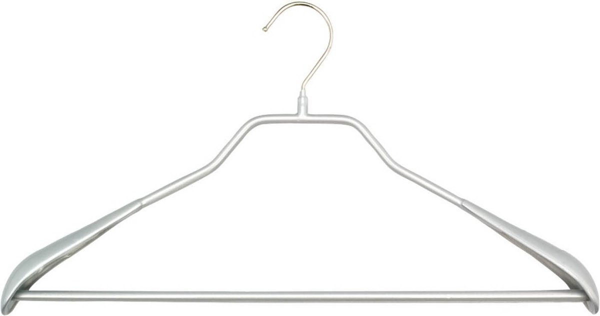 TopHangers [Set van 5] - Stevige metalen kledinghanger inclusief broeklat met brede schouderkoppen en speciale kraaglijn | Voorzien van zilveren anti-slip coating | Geschikt voor voor jassen / colberts / kostuums / broeken | 'Mawa 46LS'