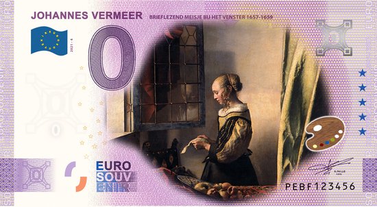 Afbeelding van het spel 0 Euro biljet 2021 - Johannes Vermeer Brieflezend Meisje bij het Venster KLEUR