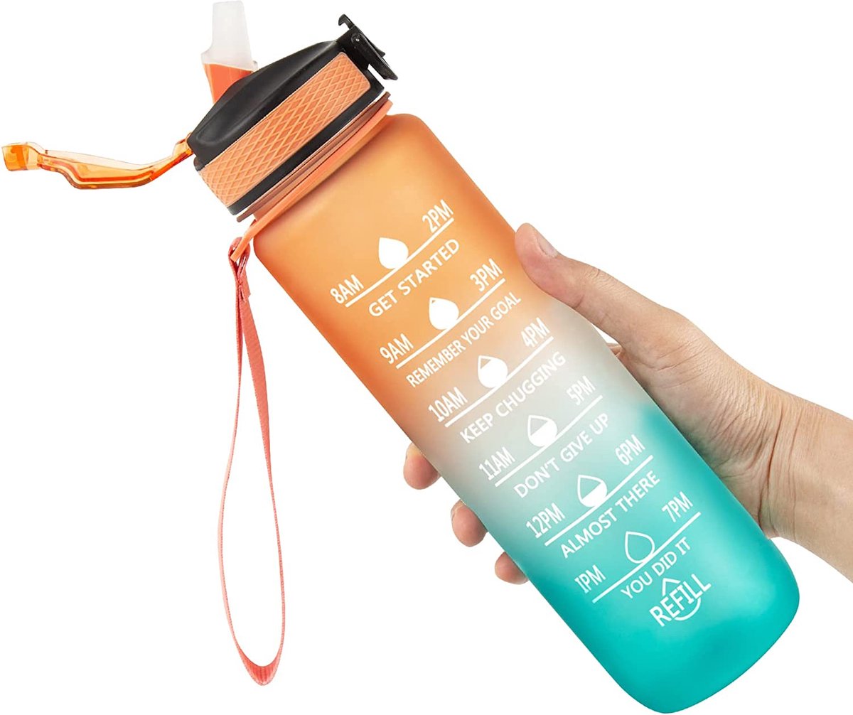 Gourde Sport Motivante 1000ml Avec Marqueur De Temps - Dégradé Coloré, Tritan Sans BPA - Dragonne Incluse, étanche - Pour Running, Gym, Voyage