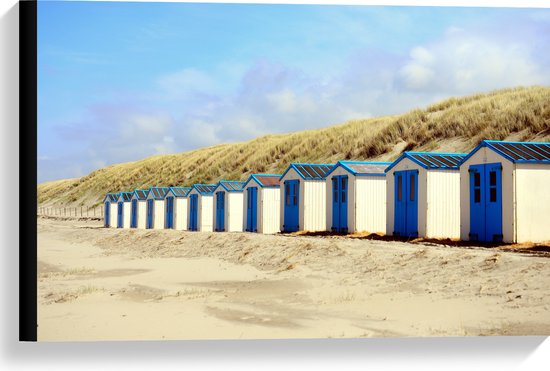 WallClassics - Canvas  - Blauw met Witte Strandhuisjes - 60x40 cm Foto op Canvas Schilderij (Wanddecoratie op Canvas)