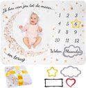 Mijlpaaldeken In Nederlands - Milestone Deken Baby - Kraamcadeau Jongen - Kraamcadeau Meisje - Inclusief Frames - Thema Maan en Sterren - 130x100 cm