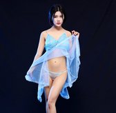Nachtjapon-Kimono-Sexy-blauw-Doorschijnend-Sheer-Erotisch-Dames Nachkleding-Mesh