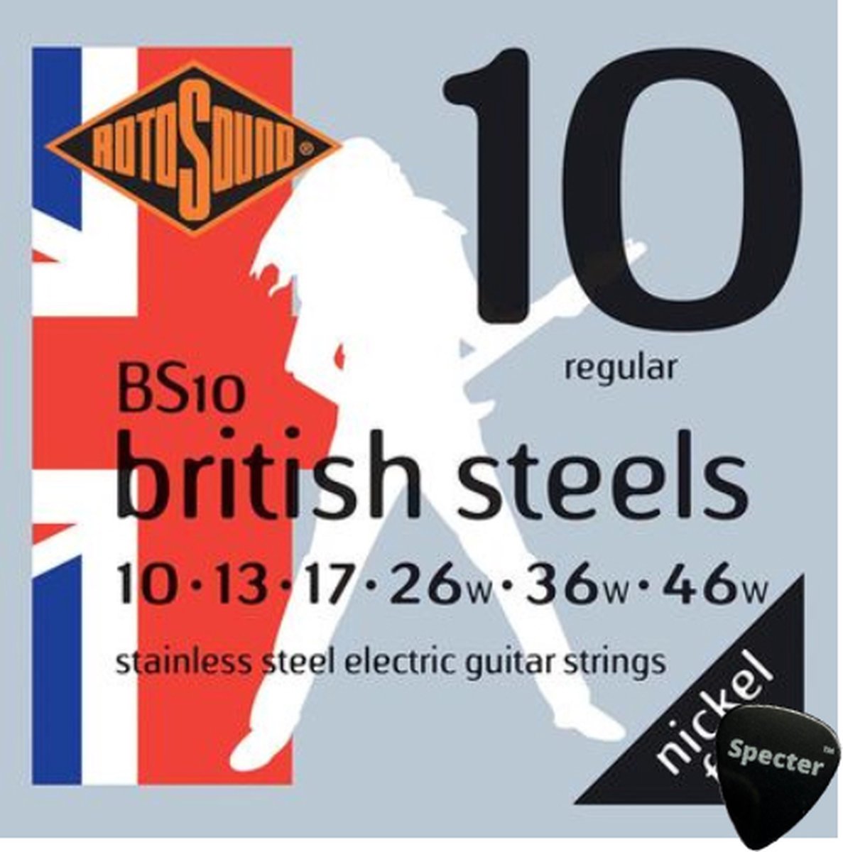 Rotosound British Steel Snarenset Elektrische Gitaar Met Specter Plectrum - 010 - 046 Set - Gitaar Snaren