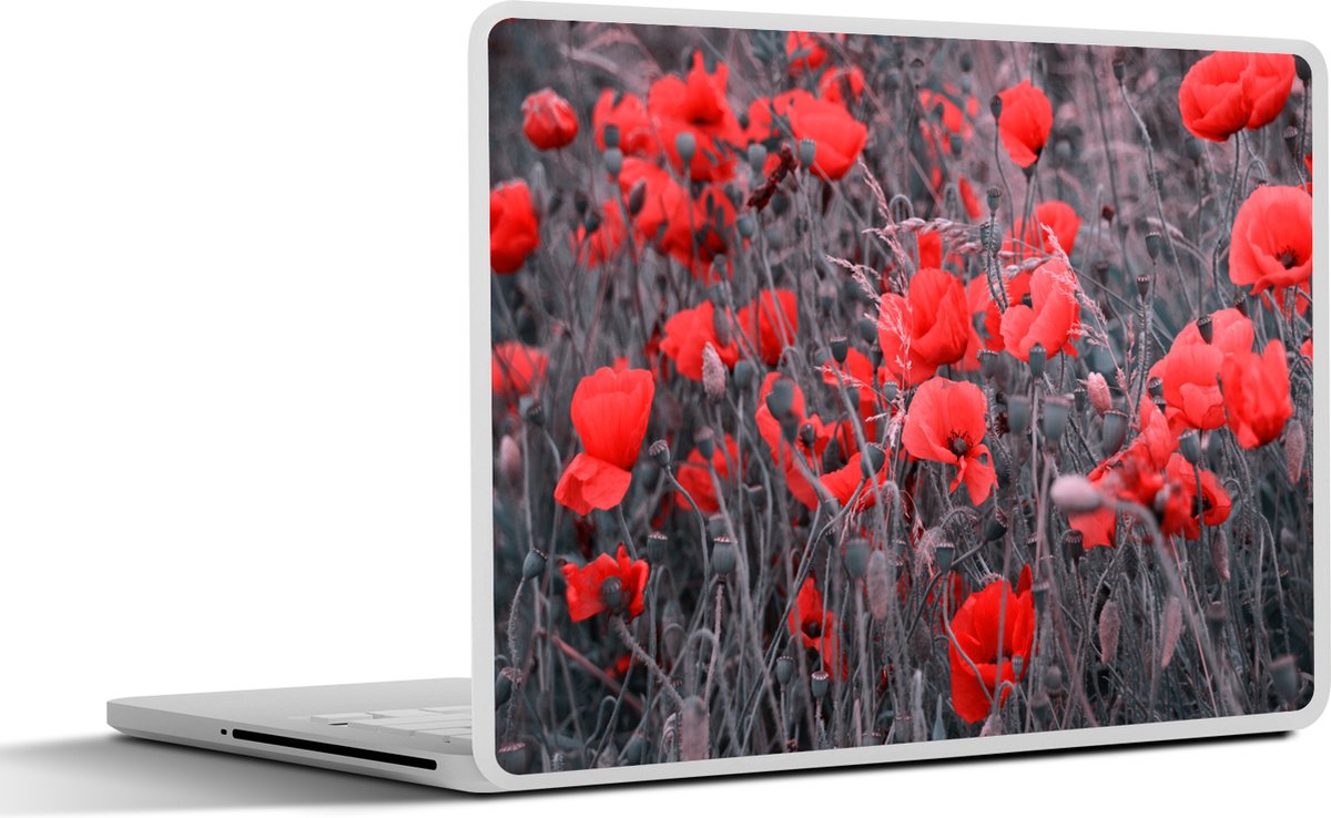 Laptop sticker - 17.3 inch - Rode Klaprozen in een zwart wit afbeelding - 40x30cm - Laptopstickers - Laptop skin - Cover