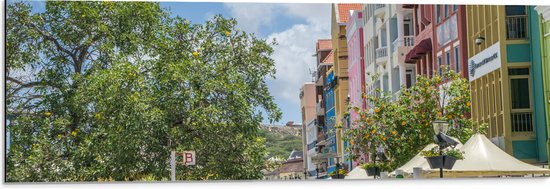 WallClassics - Dibond - Gekleurde Huisjes op Curacao - 90x30 cm Foto op Aluminium (Wanddecoratie van metaal)