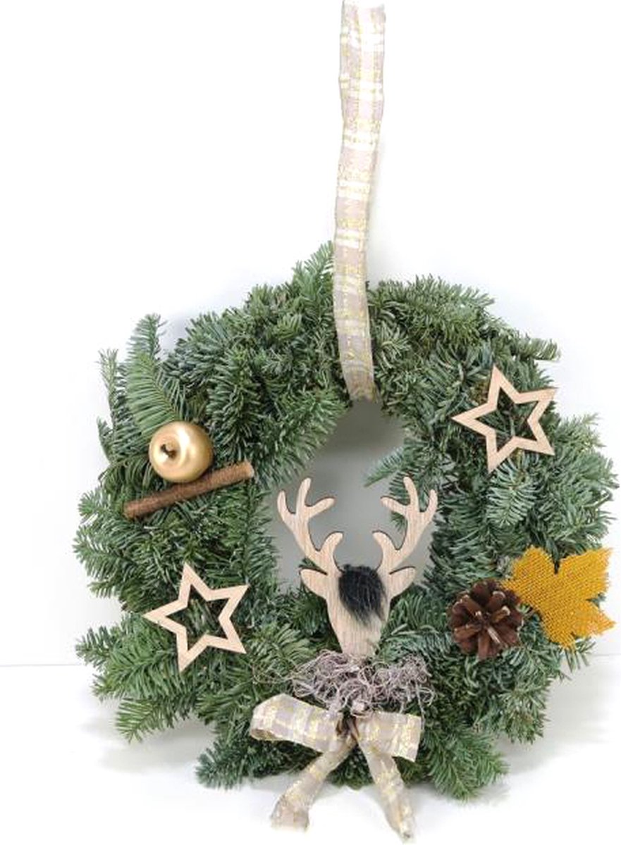 Handgemaakte krans - levend materiaal - met ophanglingt - Ø 30 cm - gouden kerstdecoratie - kerstkrans - Tuin de Bruijn