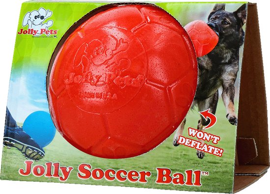 Verpakking van de Jolly Soccer Ball, oranje, met een springende herder met een rode bal.