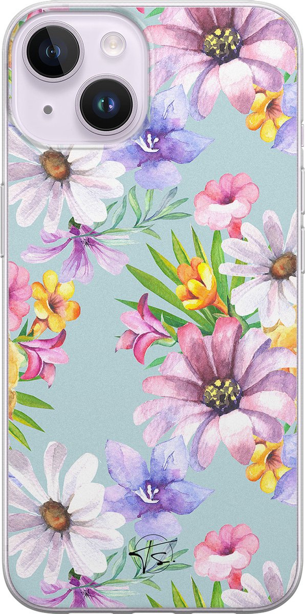 Hoesje geschikt voor iPhone 14 - Mint bloemen - Soft Case - TPU - Bloemen - Blauw - Mooie Telefoonhoesjes
